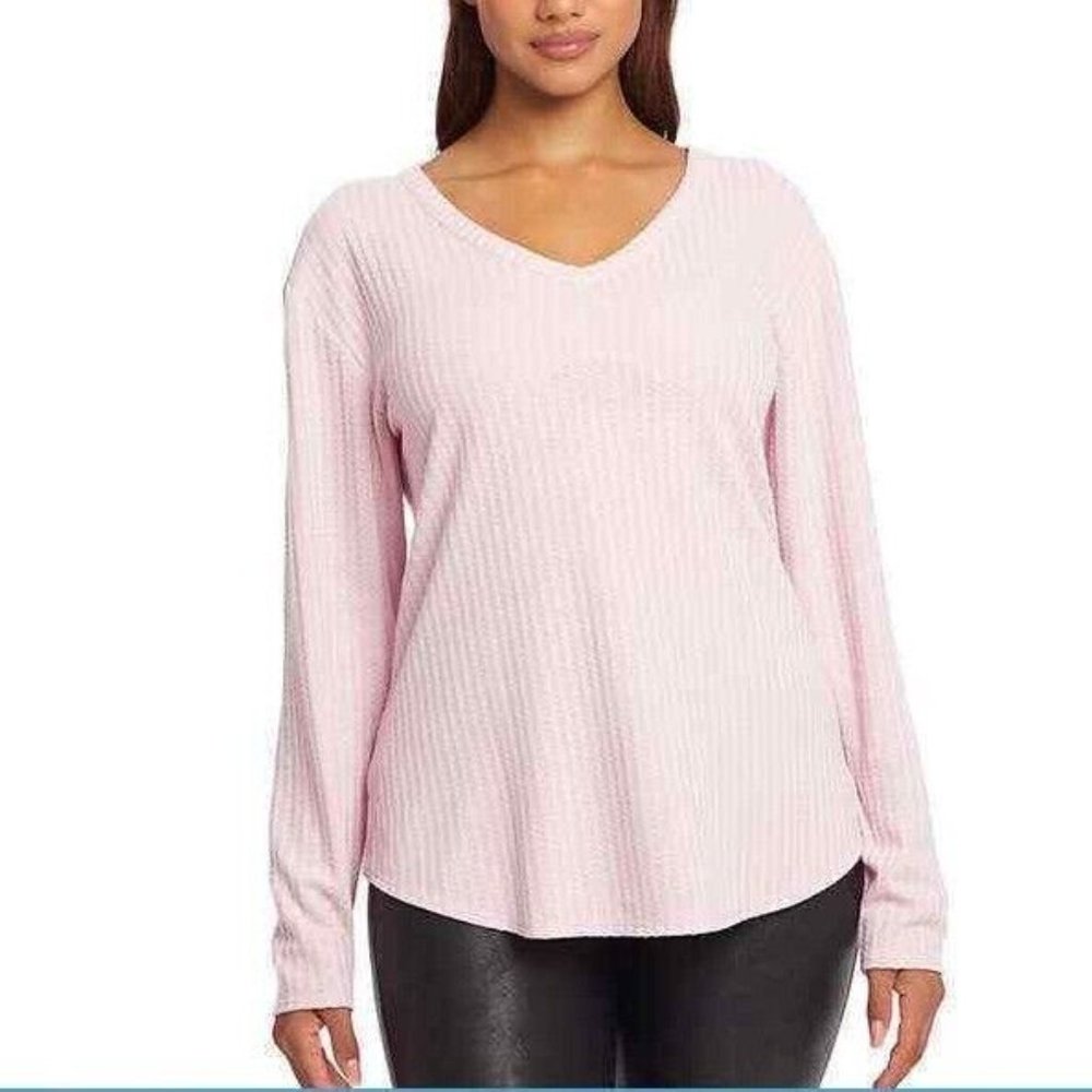 NWT Chaser Womens Waffle Knit Pink V-Neck Top Shirt Long Sleeve M $50 9HL323